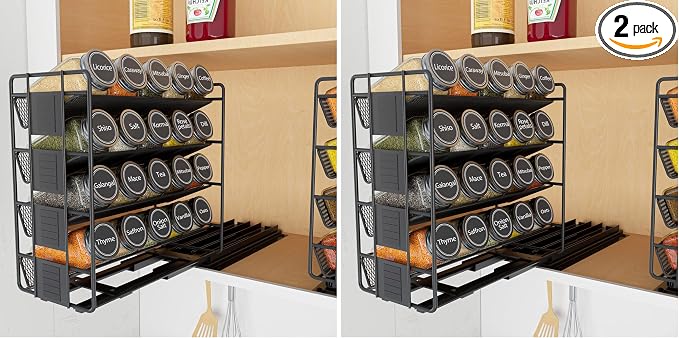SpaceAid Pull Out Spice Rack Organizer with 20 Jars, Heavy Duty Slide Out Seasoning Organizer for Kitchen Cabinets, with 801 Labels and Chalk Marker, Right Facing (Pack of 2)