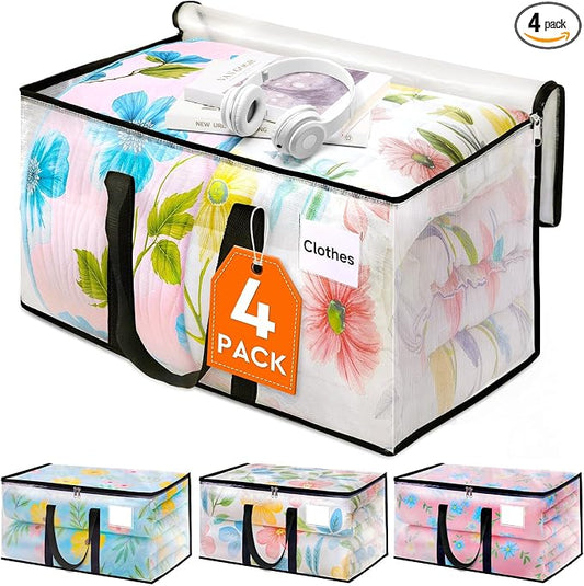 HomeHacks Moving Bags, Heavy Duty Storage Bags for Clothes, 4 Pack 93L | Waterproof moving bag with zipper and Handles, clear storage bags packing bags for moving, camping, home organization, 24Gal