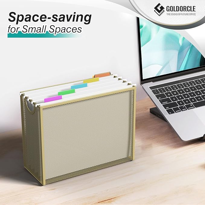 Letter-Size Hanging File Organizer with 5 Grey Holders(Gold) | File Holder Filing Box for Desk, Metal Mesh Desk File Folder Storage for Office(No Assembly Required)