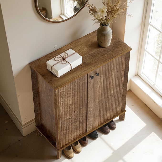 Little Tree Shoe Cabinet with Doors, 5-Tier Shoe Cabinet for Entryway, Modern Farmhouse Entry Way with 3 Adjustable & Removable Shelves for Entryway, Living Room, Mudroom, Rustic Brown