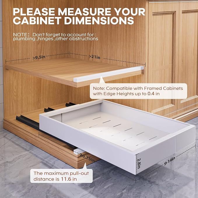 Seinloes 2 Pack Expandable Pull Out Cabinet Organizer 21" Deep with Raising Pad for Framed Cabinets,Upgrade 3 Slide Rails Slide Out Drawers,Roll Out Shelves Adhesive,Adjustable Width 9"-14.1" White