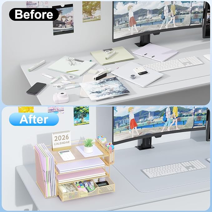 gianotter Desk Organizers and Accessories with File Holder, 4-Tier Desk Accessories & Workspace Organizers with Drawer and 2 Pen Holder, Paper Organizer for Office Supplies(Gold)