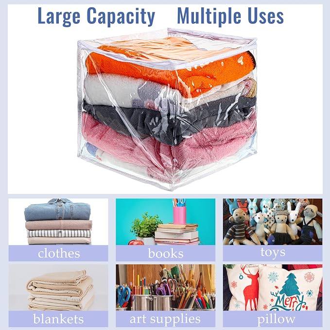 6 Packs Clear Zippered Storage Bags 12 x 12 x 12 Inch Sweater Moth Bags Vinyl Plastic Storage for Blankets Clothes Bed Sheet Organizer with Zipper for Closet Linen Sweater Clothes Comforters Pillow