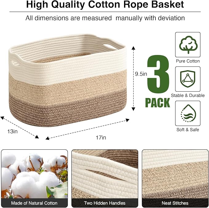 ICERZCZ Large Storage Baskets for Organizing Shelves, Woven Cotton Rope Bins for Baby Nursery Organization, Book Toy Towel Organizer, 17"x13"x9.5", 3 Packs, Gradient Brown