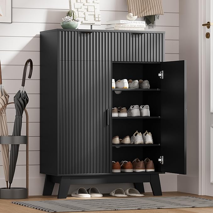 HUANLEGO Shoe Cabinet Storage for Entryway with Doors, Black | 4 Tier Fluted Shoe Organizer with 2 Drawers, Shoe Storage with Adjustable Shelves, Freestanding Hidden Shoe Rack for Entryway