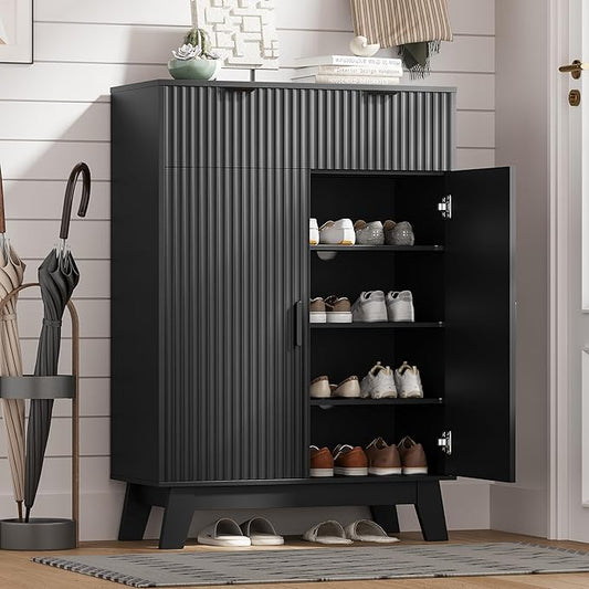 HUANLEGO Shoe Cabinet Storage for Entryway with Doors, Black | 4 Tier Fluted Shoe Organizer with 2 Drawers, Shoe Storage with Adjustable Shelves, Freestanding Hidden Shoe Rack for Entryway