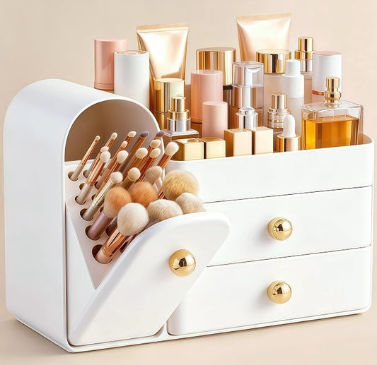 HBlife Makeup Organizer Countertop with Drawers, Vanity Organizers with Brush Holder, Bathroom Counter Organizer for Perfume, Nail Polishes, Lipsticks, Skincare and Eyeshadow Palettes, White