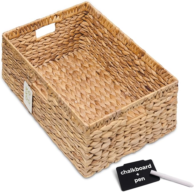 KOKODO 16.5"Lx13"W Extra Large/Jumbo Wicker Storage Baskets with Chalkboard, Stylish and Durable Water Hyacinth Rectangle Handwoven Basket Bin with Metal Frame & Handle for Room Organizing
