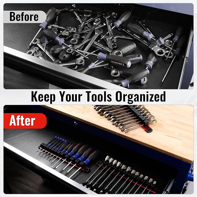 WORKPRO Magnetic Screwdriver and Wrench Organizer Set, 12-Slot Tool Holder | Aluminum Rail, Magnetic Force, Flexible High-Tension Tool Clips, For Tool Box Drawer & Wall-Mount Storage