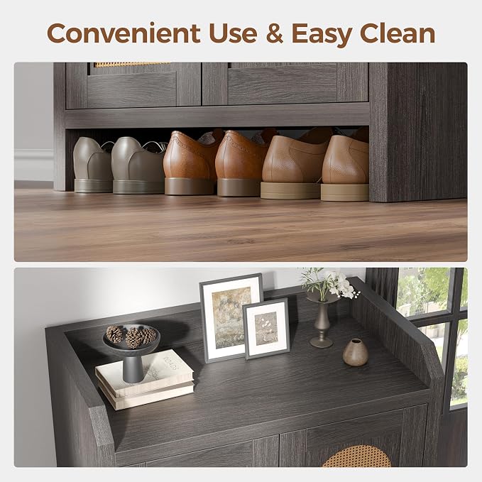 Shoe Cabinet Storage for Entryway, Natural Rattan Shoes Cupboard, Wooden Shoe Rack with Doors and Shelves, Farmhouse Boho Wood Shoe Organizer Cabinet for Hallway Black