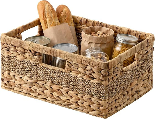 StorageWorks Large Rectangular Wicker Basket, Water Hyacinth and Seagrass Storage Basket with Built-in Handles, 1 Pack