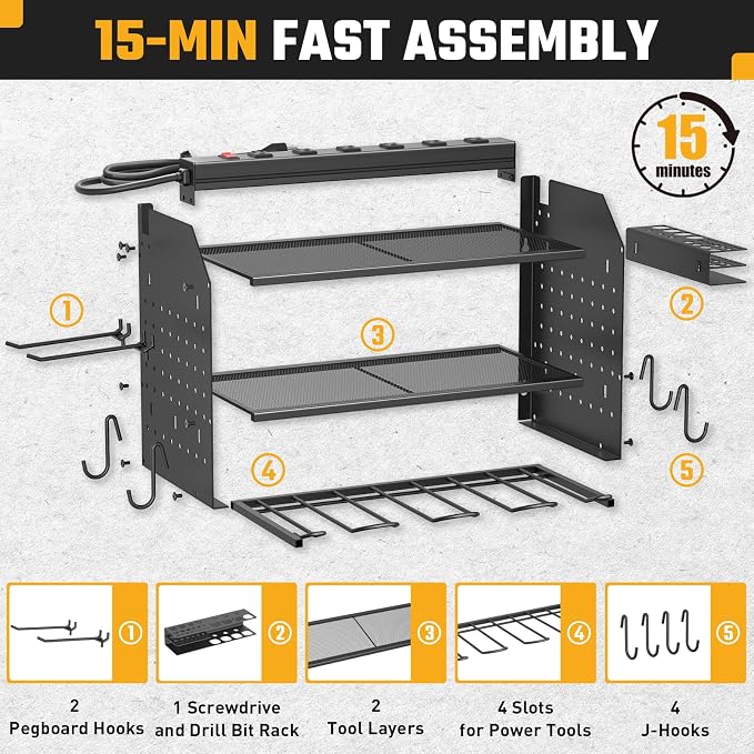 Power Tool Organizer Wall Mount 3 Layer Charging Station with 6 Outlets | Heavy Duty Tool Holder Storage Shelf Rack for Garage, Workbench and Workshop, Black, 4 Drill Holders and Drill Bit Rack,Black