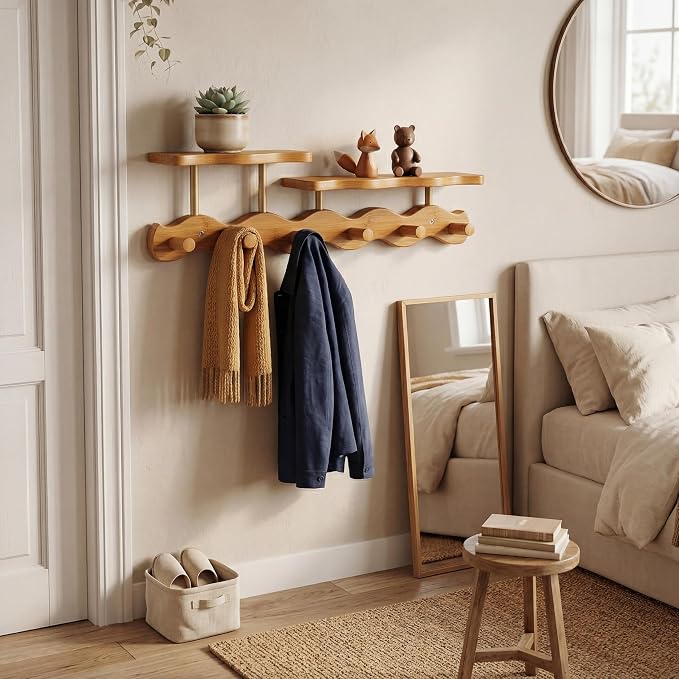 Wave-Shaped Bamboo Coat Rack Wall Mount with Shelf - Modern 6-Hook Rack | Modern Sculptural Wave Decor, Organic Wood Wall Organizer with Storage Shelf, Eco-Friendly Coat Rack for Hanging Bags, Keys