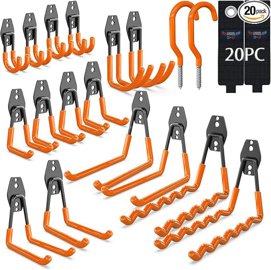 3-H Heavy Duty Garage Wall Hooks 20 Pack, Anti-Slip PVC Coating Wall Mount Garage Storage Utility Hooks, Heavy Load Organizer for Ladders, Yard Tools, Shovel, Weed Eater, Hoses & Bulk Items,Orange | Multi-Purpose Garage Hooks to Organize Garden Lawn To...