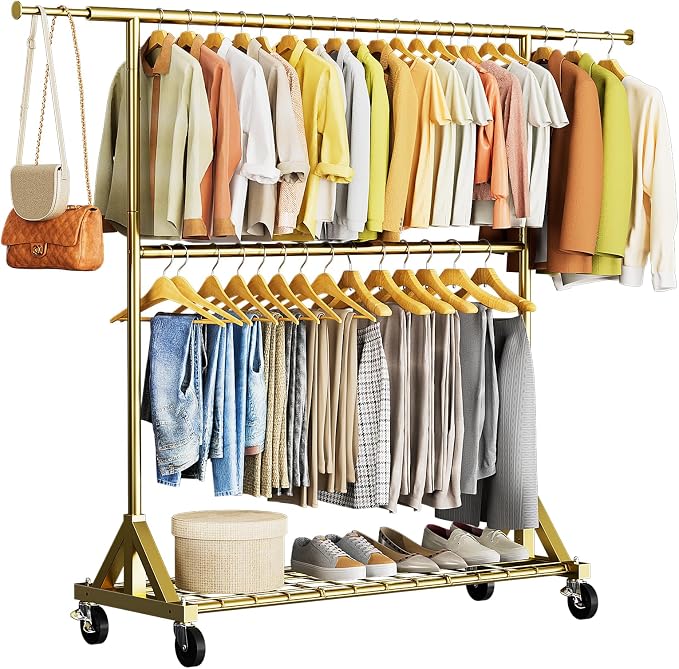 Luxspire Heavy Duty Clothes Rack with Lockable Wheels Load 600 LBS, Gold | Double hanging rods, heavy-duty iron mesh frame, adjustable extendable rods, ideal for laundry room & bedroom garment storage