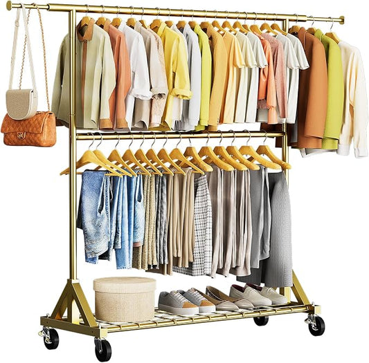 Luxspire Heavy Duty Clothes Rack with Lockable Wheels Load 600 LBS, Gold | Double hanging rods, heavy-duty iron mesh frame, adjustable extendable rods, ideal for laundry room & bedroom garment storage