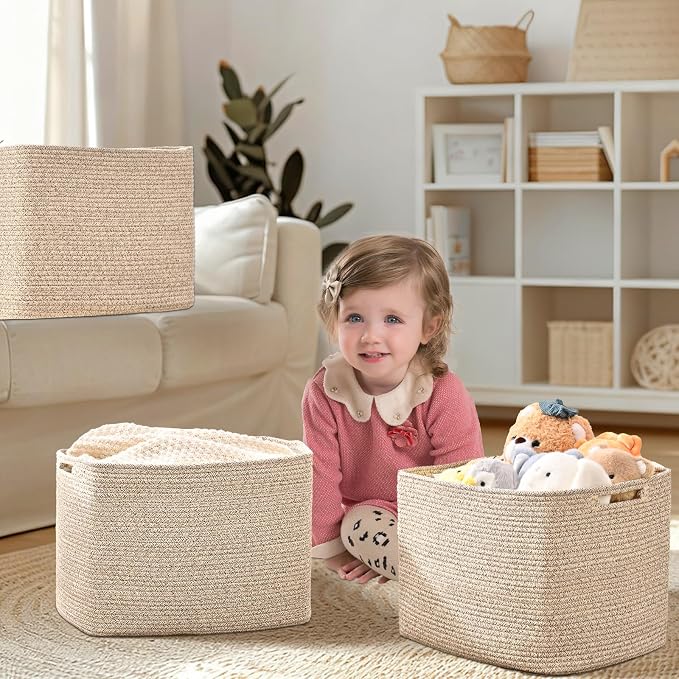 3 Pack Cube Storage Bin, 17”x12”x12” Cotton Rope Woven Baskets for Organizing Toys Clothes Towels, Square Gift Storage Baskets for Shelves, Nursery, Closet, Bathroom, Pantry (Jute)