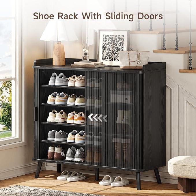 Shoe Cabinet with Sliding Door, 5-Tier Hidden Shoe Rack with Adjustable Shelves, Wooden Shoe Storage Organizer with Open Bottom Space, Freestanding Shoe Shelf for Entryway Hallway Apartment, (Black)