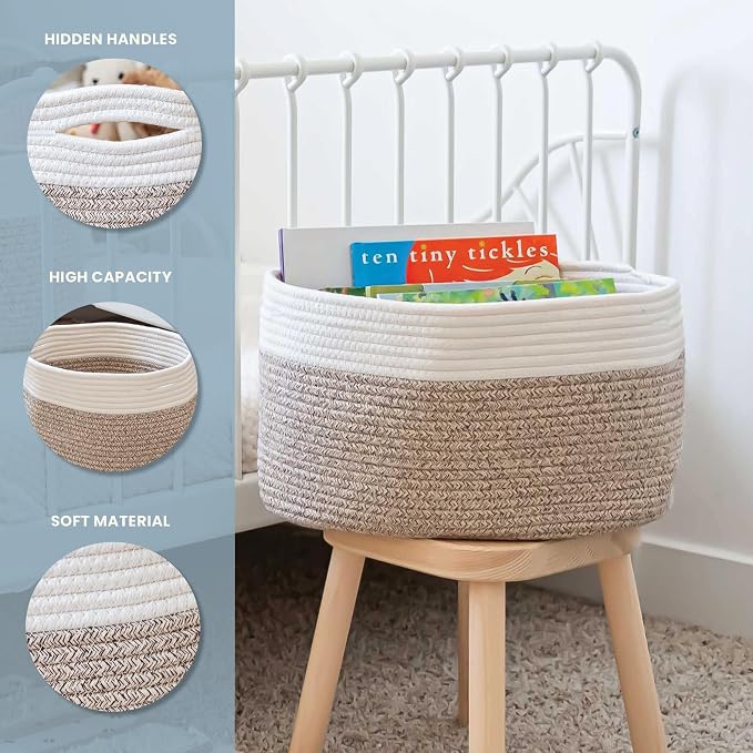 OrganiHaus Cotton Rope Baskets for Shelves, Set of 3, 15x9x10 | Handwoven; a toy bin and organizer for towels, books, or blankets; fits nursery, playroom, or bedroom decor