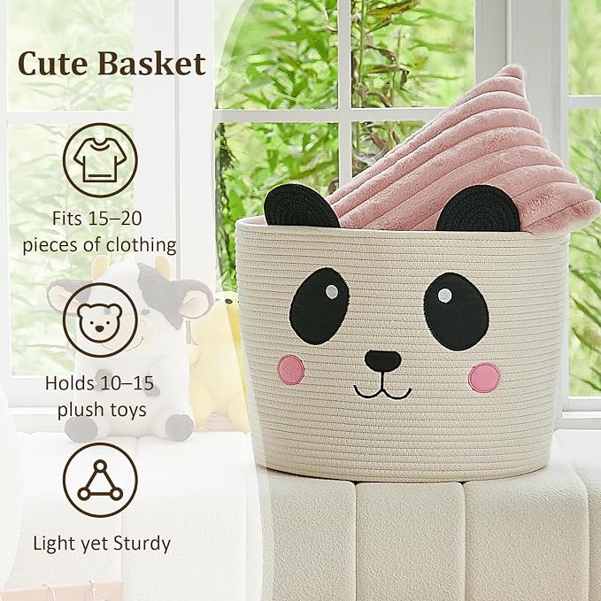 VK VK·LIVING Panda Storage Basket for Gift Foldable Cute Nursery Animal Toy Basket with Handles, Large Cotton Rope Baby Laundry Storage Organizer for Blankets Towels in Living Room Bedroom 15"D x 14"H