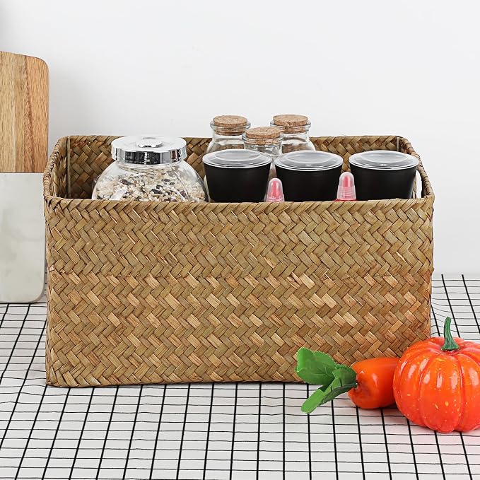 Hipiwe Seagrass Storage Basket Bin Rectangular Handwoven Wicker Storage Box with Handle Opened Baskets Box for Shelf Organizing Closet Bathroom, Caramel, Medium