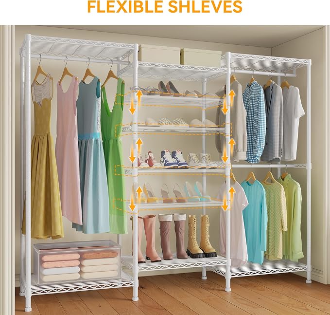 Higeego H12 Heavy Duty Clothes Rack, White | Freestanding Clothing Rack with 10 Adjustable Shelves, Shoe Rack, 3 Hanging Rods, 15.7" D x 68.7" W x 76.4" H