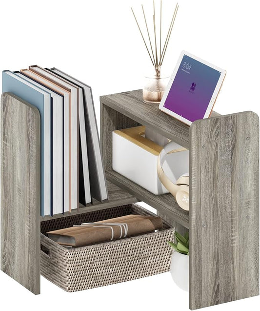 Furinno CLASSIC Desk Organizers and Hutch, Open Shelf Expandable Office Organization, Adjustable Desk Top Display Book Shelf, for Paper, Office Supplies, French Oak