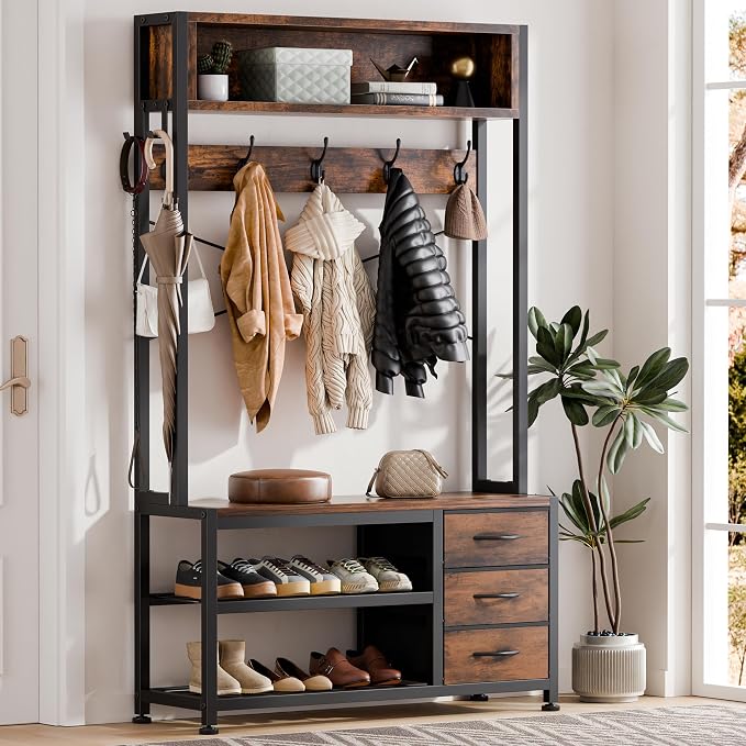 Hall Tree with Bench and 3 Drawers Storage, 31.5" Coat Rack Freestanding | Rustic Brown, 6-in-1, Top Cubby, 12 Coat Hooks, Adjustable Shoe Rack, Sturdy Metal Frame, Entryway Organizer