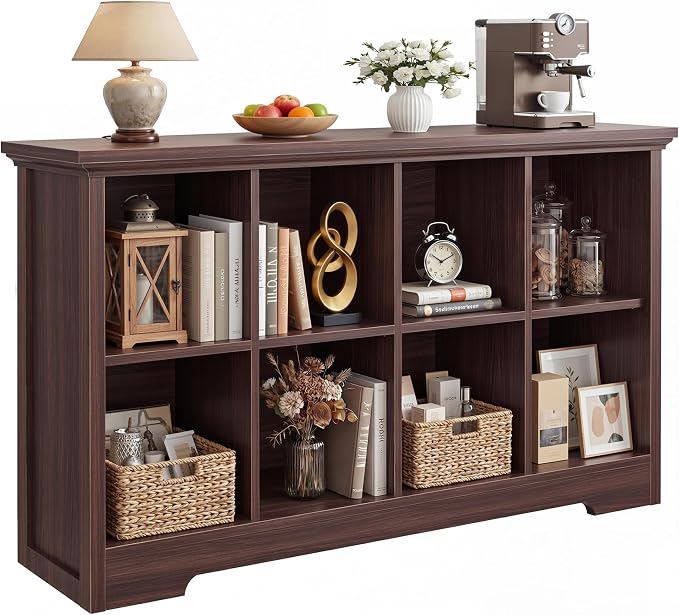 Aheaplus Wooden 8-Cube Storage Organizer with Charging Ports, Modern Cube Bookcase with Base, 3-Tier Floor Standing Open Cubbies Bookshelf, Cubicle Display Shelf for Home and Office, Black Walnut