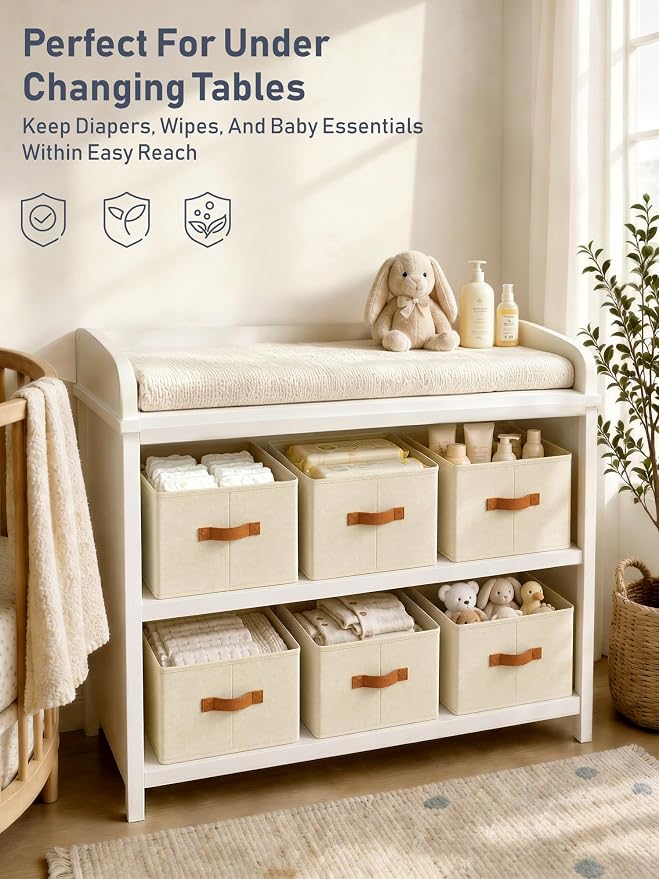 6 Pack Large Closet Storage Baskets Bins for Shelves, Collapsible Fabric Closet Organizers and Storage with Polyester Handles, Decorative Baskets for Organizing Clothes, Towels, Linen Closet 14"x10"