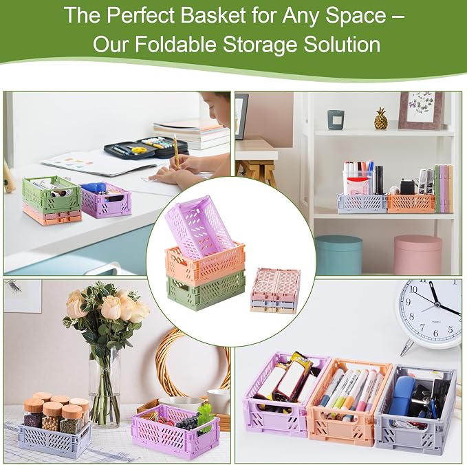 HUUSMOT 6-Pack Collapsible Small Plastic Storage Baskets, 5.9"x3.8"x2.2" | Pastel, Space-Saving, Collapsible Plastic Bins, Cute Mini Storage Crates, for Classroom, Kitchen, Office, Bedroom