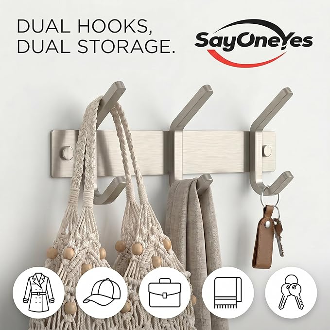 Small Coat Rack Wall Mount – Brushed Nickel 9 Inch Stainless Steel Hook Rail with 3 Heavy Duty Double Coat Hooks – Wall Mounted Coat Hanger for Entryway, Bathroom, Bedroom, Towel, Hat Organizer