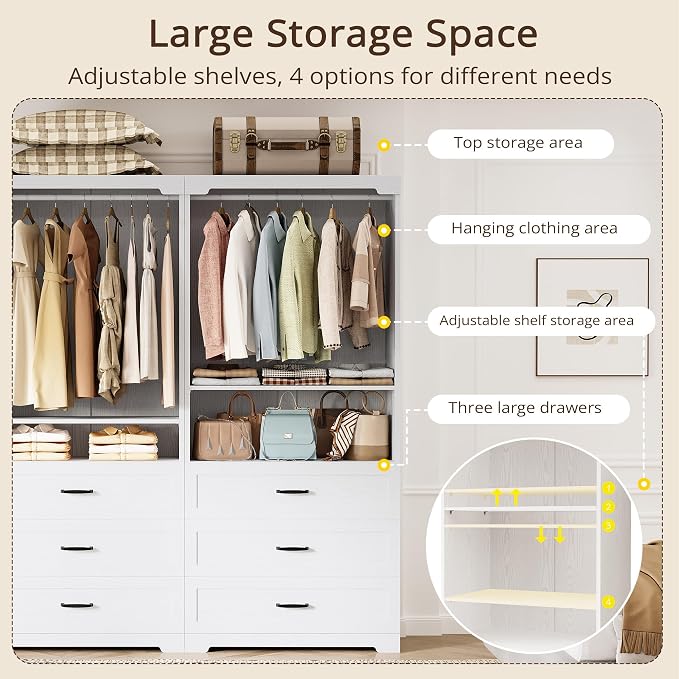 IRONCK Freestanding Closet System with Adjustable Shelves & 3 Drawers | Closet Organizer with Hanging Rod, Ideal for Bedrooms, Apartments and Small Closet Storage