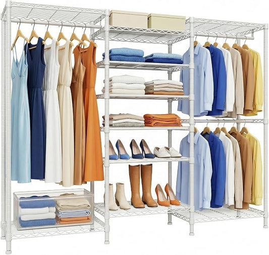 Higeego H12 Heavy Duty Clothes Rack, White | Freestanding Clothing Rack with 10 Adjustable Shelves, Shoe Rack, 3 Hanging Rods, 15.7" D x 68.7" W x 76.4" H