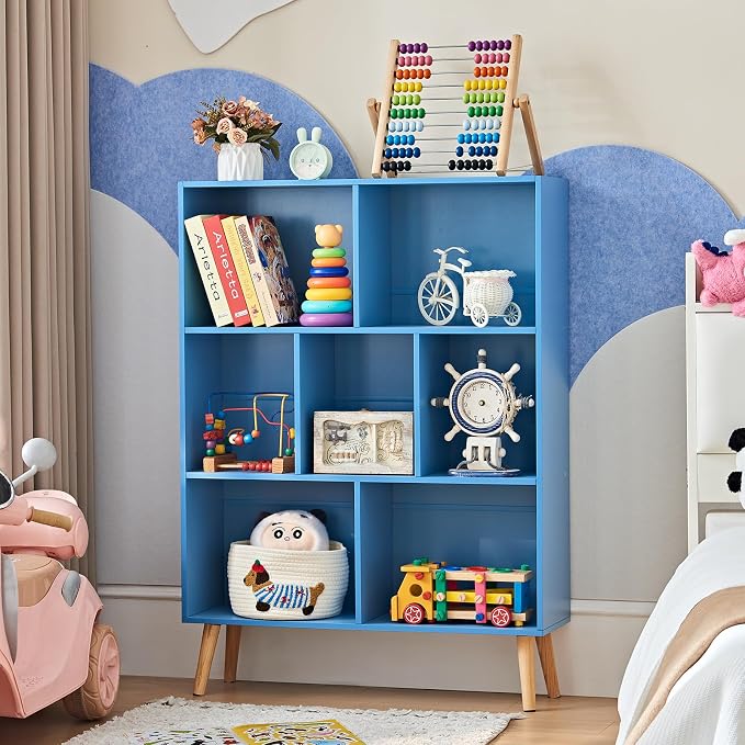 LEYAOYAO Cube Bookshelf, Mid-Century Modern Book Shelf with Legs, Blue | 3 Tier Bookcase, Rustic Wood Bookshelves Freestanding Small Storage Organizer, Open Shelves for Bedroom, Living Room, Office