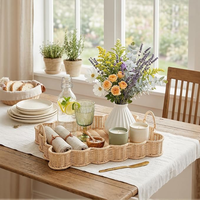 GRANNY SAYS Scalloped Edge Rectangle Wicker Serving Tray, Coffee Table Tray, Serving Trays with Handles, Decorative Tray for Entryway, Coffee Table, Woven Tray for Serving, 15 ¾"×11 ½"×2 ¼"