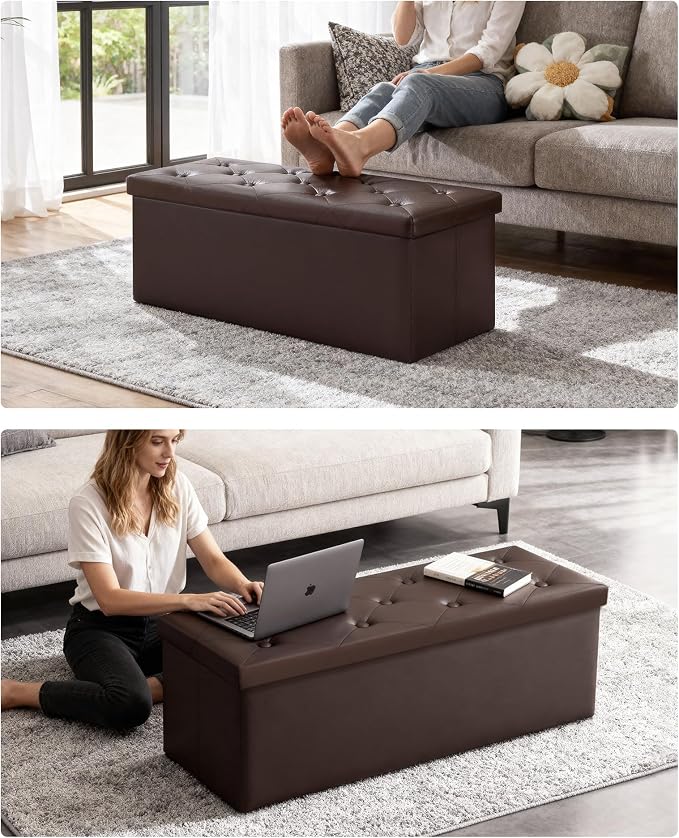 GLAXYFUR 43" Storage Ottoman Bench, Folding Ottoman with 2 Dividers, Brown | End of Bed Bench, PU Leather Foot Rest, Storage Chest for Living Room, Bedroom and Entryway