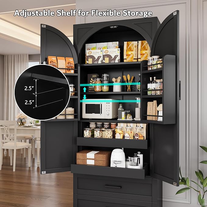 iPormis 71" Tall Kitchen Pantry Storage Cabinet w/Door and Adjustable Shelf & Large Drawers, Freestanding Kitchen Cupboard for Dining Room/Living Room, Black