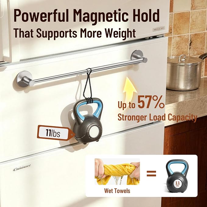 Magnetic Towel Bar, Adjustable Towel Rod with Larger Magnetic Base & Hidden Magnet Design, Non-Slip Magnetic Towel Holder for Refrigerator, Dishwasher, Oven, Washer (Silver, 1Pack)