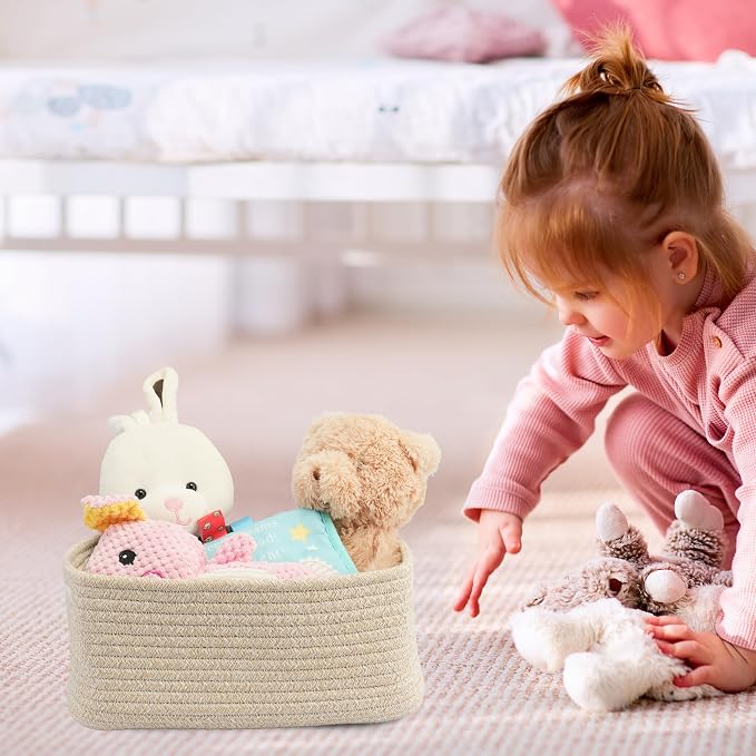 XUANGUO Small Woven Storage Baskets for Shelves, 13" x 9" x 5", Oatmeal | Decorative rope storage bins for closets and toy storage; cute organizer baskets, empty gift baskets and nursery storage.