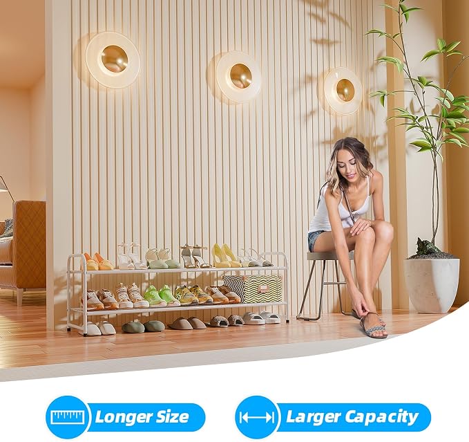 Shoe Rack for Closet, 2 Tier 44 Inch Extra Wide Shoe Storage Organizer for Shelves, Heavy Duty Metal, Easy Assembly, White