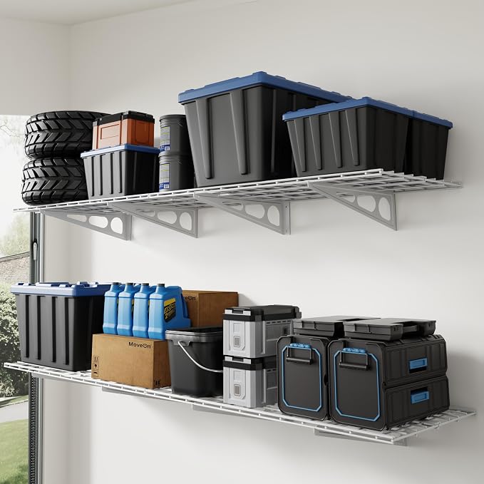 FLEXIMOUNTS 4-Pack 2x4ft Wall Shelf Garage Storage Rack Wall Mounted, White | 24-inch-by-48-inch Garage Floating Shelves, Total 1200lbs Capacity, Rustproof Seamless Grid Design, Classic Series