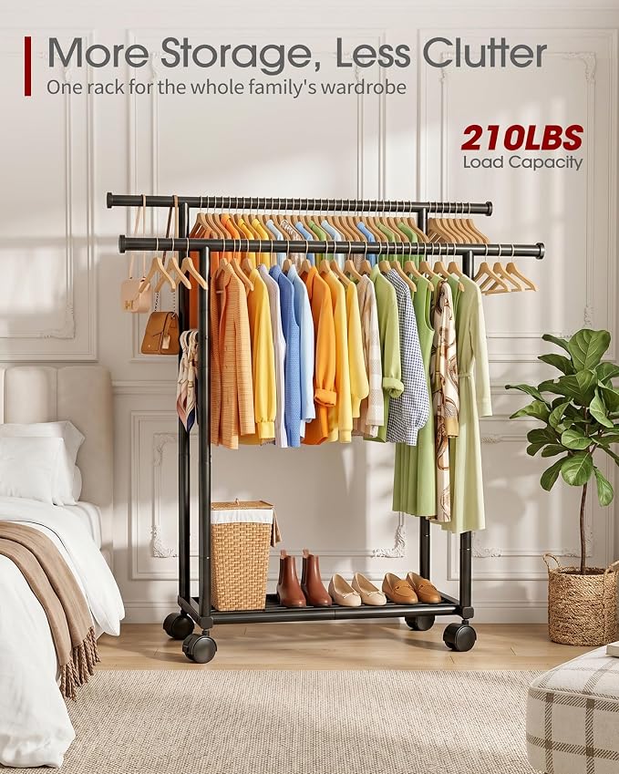 Sakugi Double Rods Clothes Rack - Metal Clothing Rack with Fixed Double Rods, Rolling Wheels & Built-In Shelf for Closet, Bedroom, Laundry Storage (39" x 17" x 60", Black)