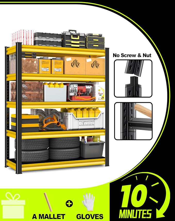 5-Tier Garage Shelving Heavy Duty,48''W x 18''D x 78''H Metal Shelving Unit,2800 lbs Weight Capacity Adjustable Storage Shelves for Retiple Tanks,Pantry,Garage,Yellow