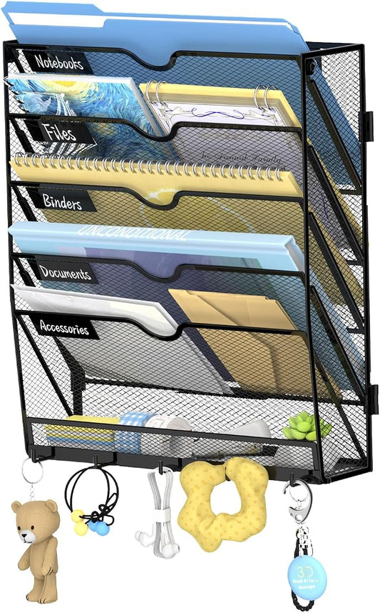 6-Tier Wall File Organizer with Hooks, Hanging File Organizer | Metal Mesh Mail Organizer, Wall Mounted File Organizer for Home, Classroom, Office Organization