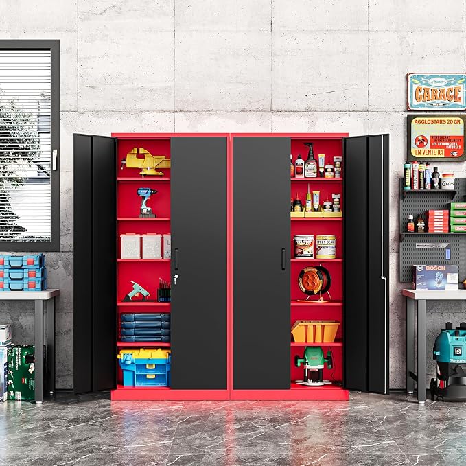 Fesbos Metal Storage Cabinet-71” Tall Steel File Cabinets with Lockable Doors and Adjustable Shelves-Black&Red Steel Storage Cabinet for Home, School, Office, Garage