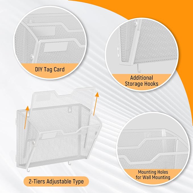 Docnest 3 Pack 2 Tier Mesh Wall File Holders with Hooks for Mail, White | Space-saving vertical design with utility hooks. Ideal paper document organizer for office, home, and school