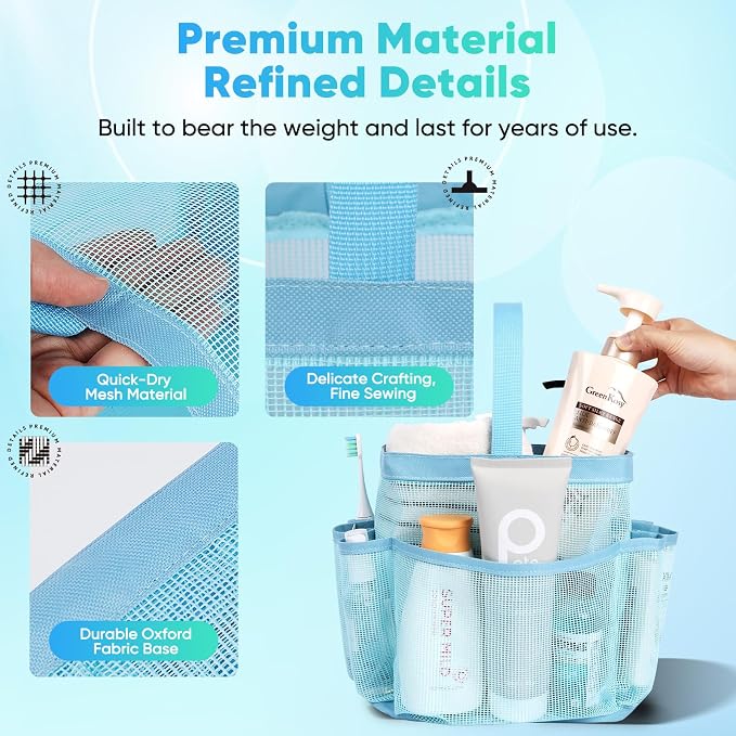 EUDELE Mesh Shower Caddy Portable, 8-Pocket Large Capacity, Quick Dry, Easy Clean, Ideal for Beach, Swimming, Gym, Travel