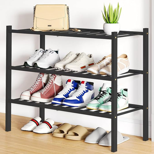 Smiry Bamboo Shoe Rack, 12 Vertical Slats, 3 Tier - 26.8" Wide, Black | Stackable Free Standing Wooden Shoe Organizer, Wood Shoe Storage Shelf for Closet, Entryway