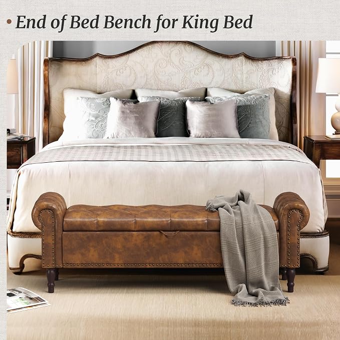 Storage Bench Ottoman, 61" Faux Leather Rolled Arm Bedroom End of Bed Bench, Window Bench with Button Tufted and Nailhead Trim for Foot of Bed Bench, Bedroom, Entryway, King Size, Brown